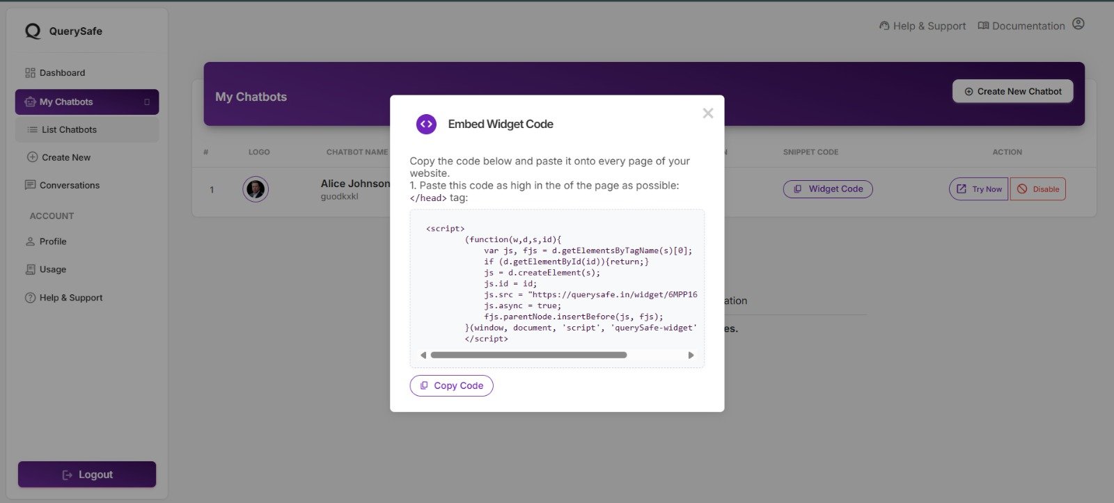 Integrate QuerySafe Chatbot